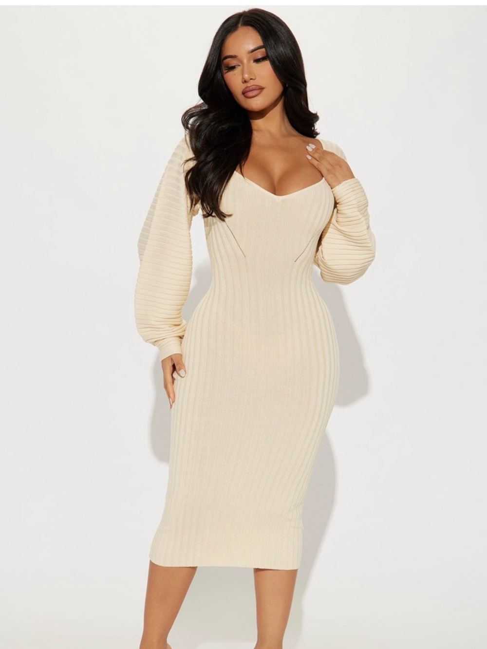 Fashion Nova Cream Ribbed V-Neck Midi Dress with Balloon Sleeves